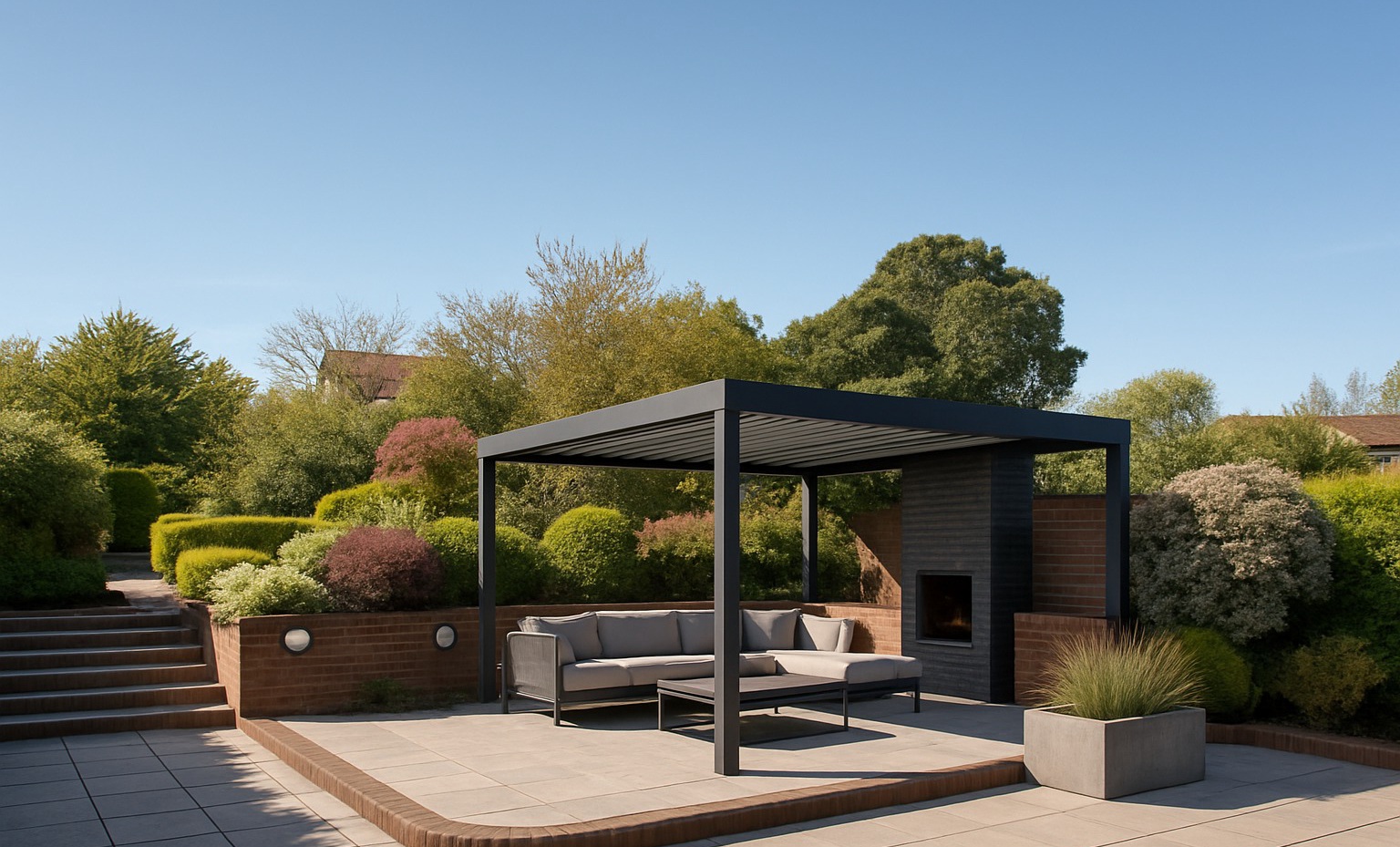 Illustrative AI after visual of a finished garden redesign with planting, paving and seating, included inside a TailoredQuote builder quote PDF
