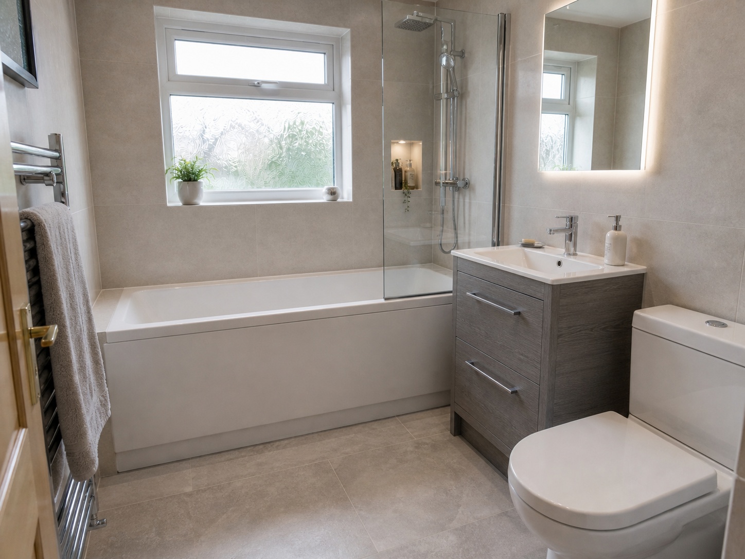 Illustrative AI mock-up of the same bathroom after refit with vanity, glass screen and updated finishes