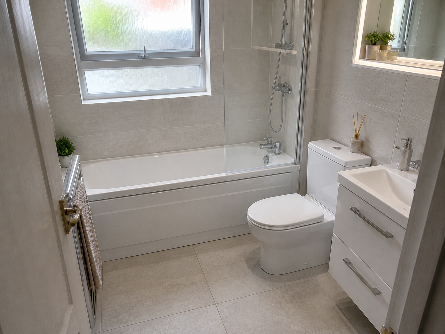 Illustrative AI visual quote of the same bathroom with upgraded tiling, lighting and shower screen