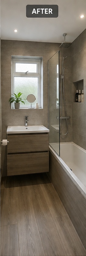 Existing dated beige bathroom suite before refit, used as a before image in an AI mock-up