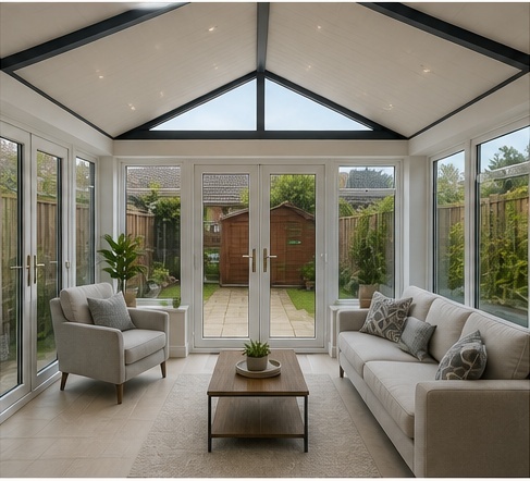 Illustrative AI mock-up of the same conservatory with an insulated tiled roof and a central glass lantern