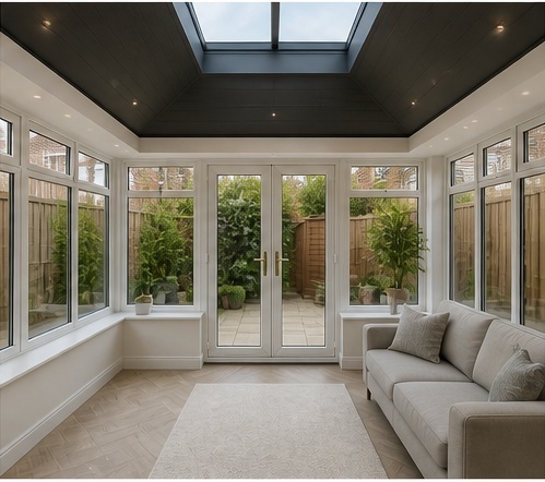 Illustrative AI mock-up of the same conservatory with an insulated tiled roof and spotlights