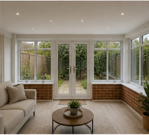 Existing conservatory with old polycarbonate roof, used as the before image in an AI roof replacement mock-up