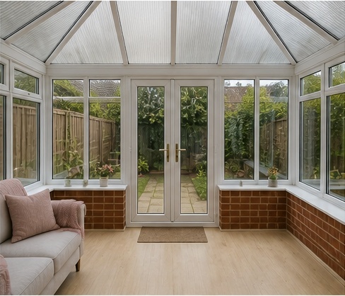 Outdated conservatory before roof replacement, used as a before image in an AI mock-up