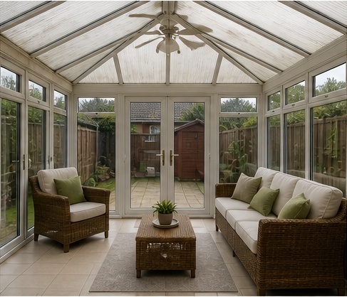 Conservatory with tired glass roof before replacement, used as a before image in an AI mock-up