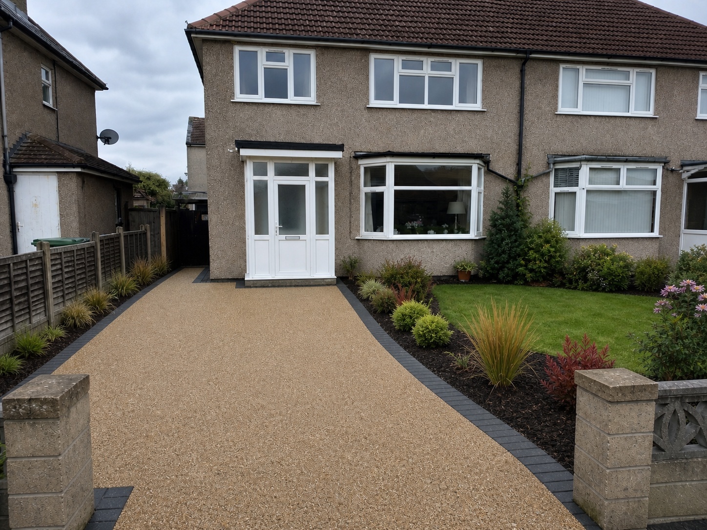 Illustrative AI mock-up of the same property with a resin-style driveway, improved edging and planting