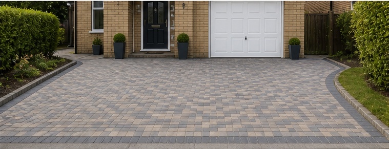 Illustrative AI mock-up of the same property with a premium porcelain-tiled driveway