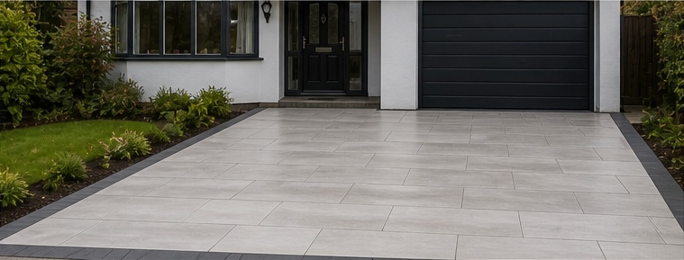 Illustrative AI mock-up of the same property with a resin-bound driveway and block-paved edging