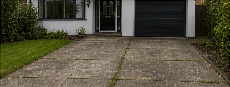 Loose gravel driveway before resurfacing, used as the before image in an AI driveway mock-up