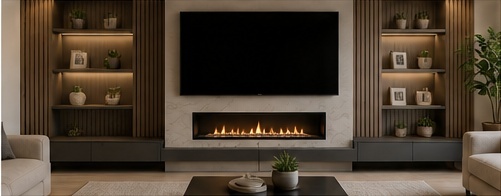 Illustrative AI mock-up of the same lounge with an inset gas fire and built-in shelving
