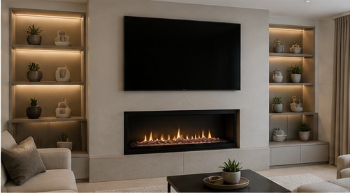 Illustrative AI mock-up of the same lounge with a linear electric fire and slatted feature wall