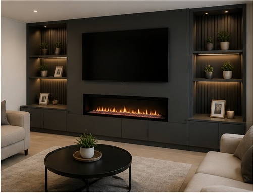 Basic gas fire in a plain lounge before refit, before image of an AI mock-up