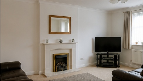 Brick fireplace with log burner before replacement, used as a before image in an AI mock-up