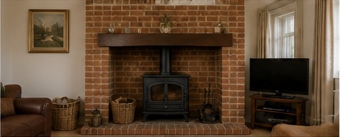 Traditional cream fireplace in a lounge before media wall replacement, used as the before image in an AI mock-up