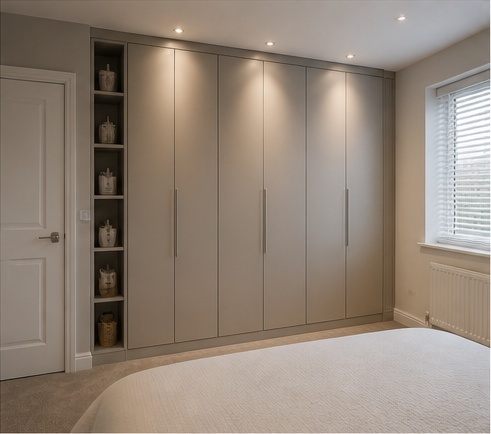 Illustrative AI mock-up of the same bedroom with full fitted wardrobes and a dressing area
