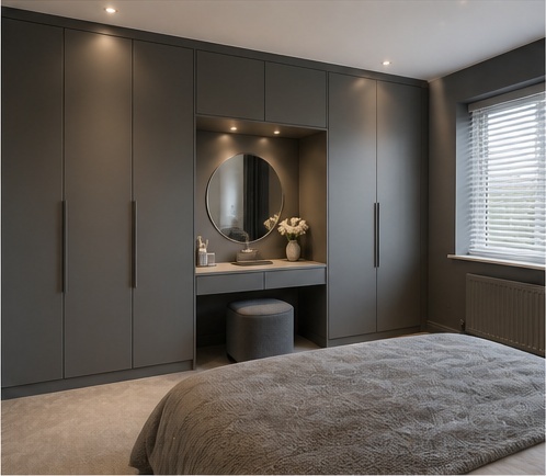 Illustrative AI mock-up of the same room with ultra-deluxe fitted wardrobes, central dressing island and integrated lighting
