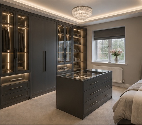 Freestanding four-door wardrobe in a bedroom before fitted install