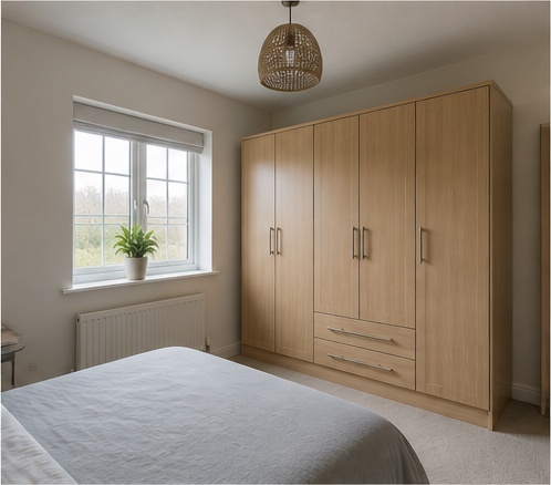 Freestanding three-door wardrobe in a bedroom before fitted-wardrobe install, used as the before image in an AI mock-up