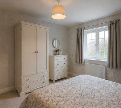 Illustrative AI mock-up of the same room with engineered wood flooring