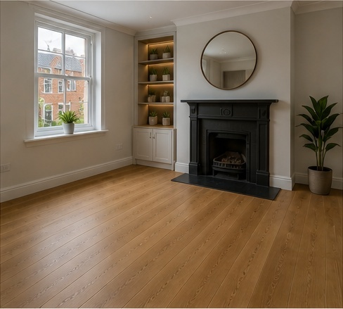 Illustrative AI mock-up of the same kitchen with herringbone LVT