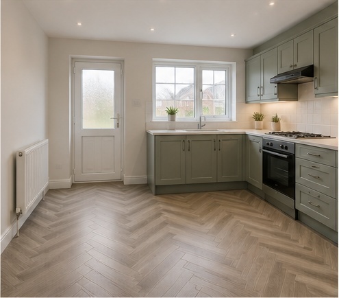 Illustrative AI mock-up of the same kitchen with herringbone LVT
