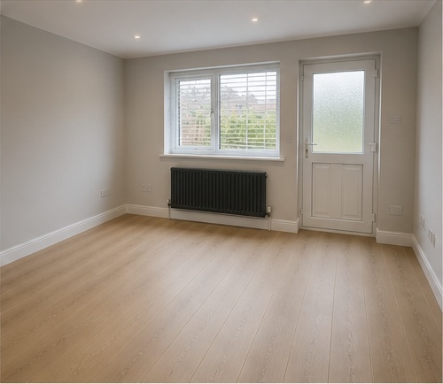 Illustrative AI mock-up of the same living room with new luxury vinyl flooring