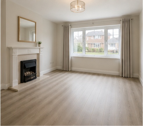 Illustrative AI mock-up of the same living room with new luxury vinyl flooring