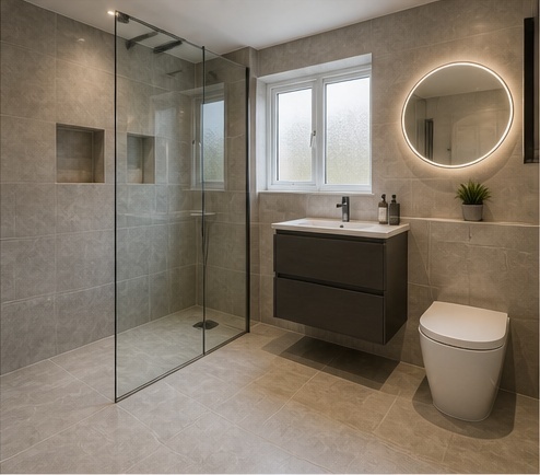 Illustrative AI mock-up of the same bathroom finished with modern porcelain-style tiling and updated fittings