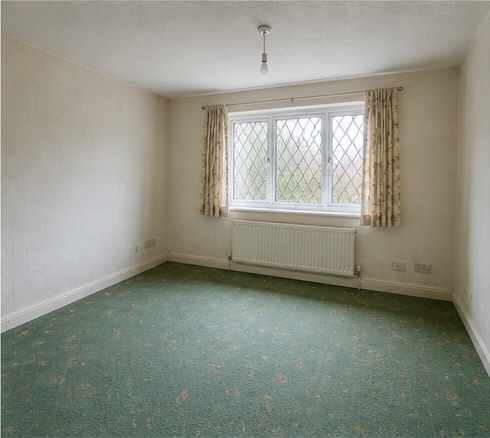 Old carpeted living room before flooring replacement, used as the before image in an AI mock-up