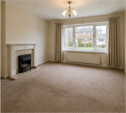 Old carpeted living room before flooring replacement