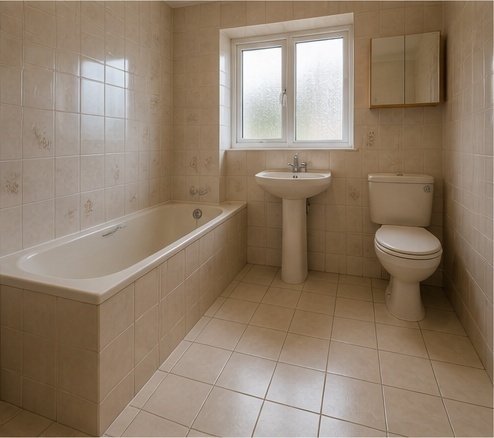 Bathroom with outdated beige wall and floor tiles before tiling replacement, used as the before image in an AI mock-up