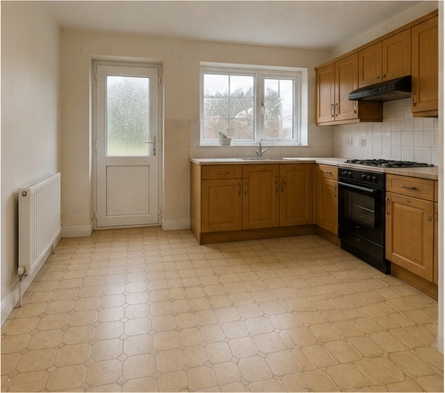 Worn vinyl kitchen floor before replacement