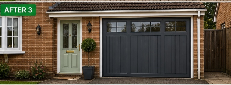 Illustrative AI mock-up of the same property with an anthracite roller shutter garage door