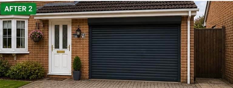 Illustrative AI mock-up of the same property with a new anthracite sectional garage door