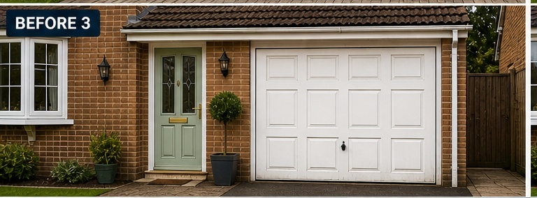 White side-hinged garage door before replacement