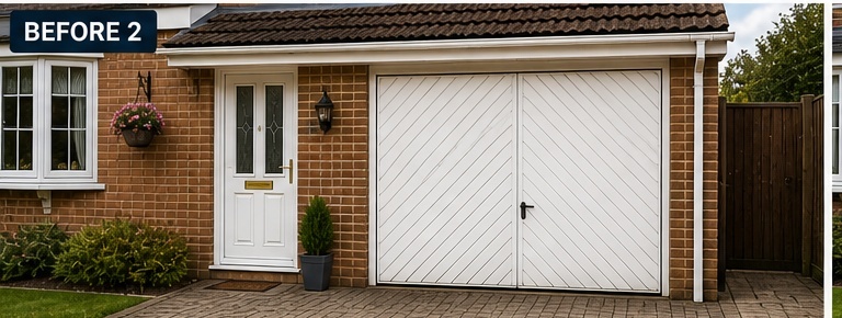 White up-and-over garage door before replacement, used as the before image in an AI mock-up