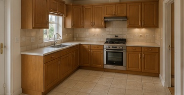 Before image showing an older compact oak kitchen for a TailoredQuote kitchen quote mock-up.
