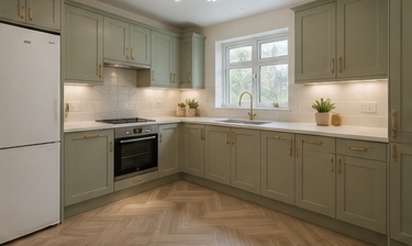 After image showing a sage shaker kitchen concept for a TailoredQuote AI kitchen design visual quote.