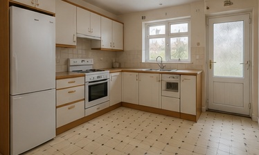 Before image showing a dated compact 3-bed semi kitchen for a TailoredQuote AI kitchen design visual quote.