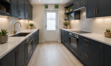 After image showing a modern navy galley kitchen concept for a TailoredQuote visual quote.