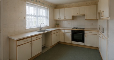 Before image showing a small tired kitchen for a TailoredQuote AI kitchen mock-up.