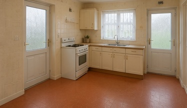 Before image showing a typical dated semi-detached kitchen for a TailoredQuote AI kitchen visual quote.