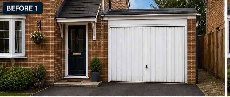 Illustrative AI mock-up showing the same curved cabinet doors painted in a soft cream finish