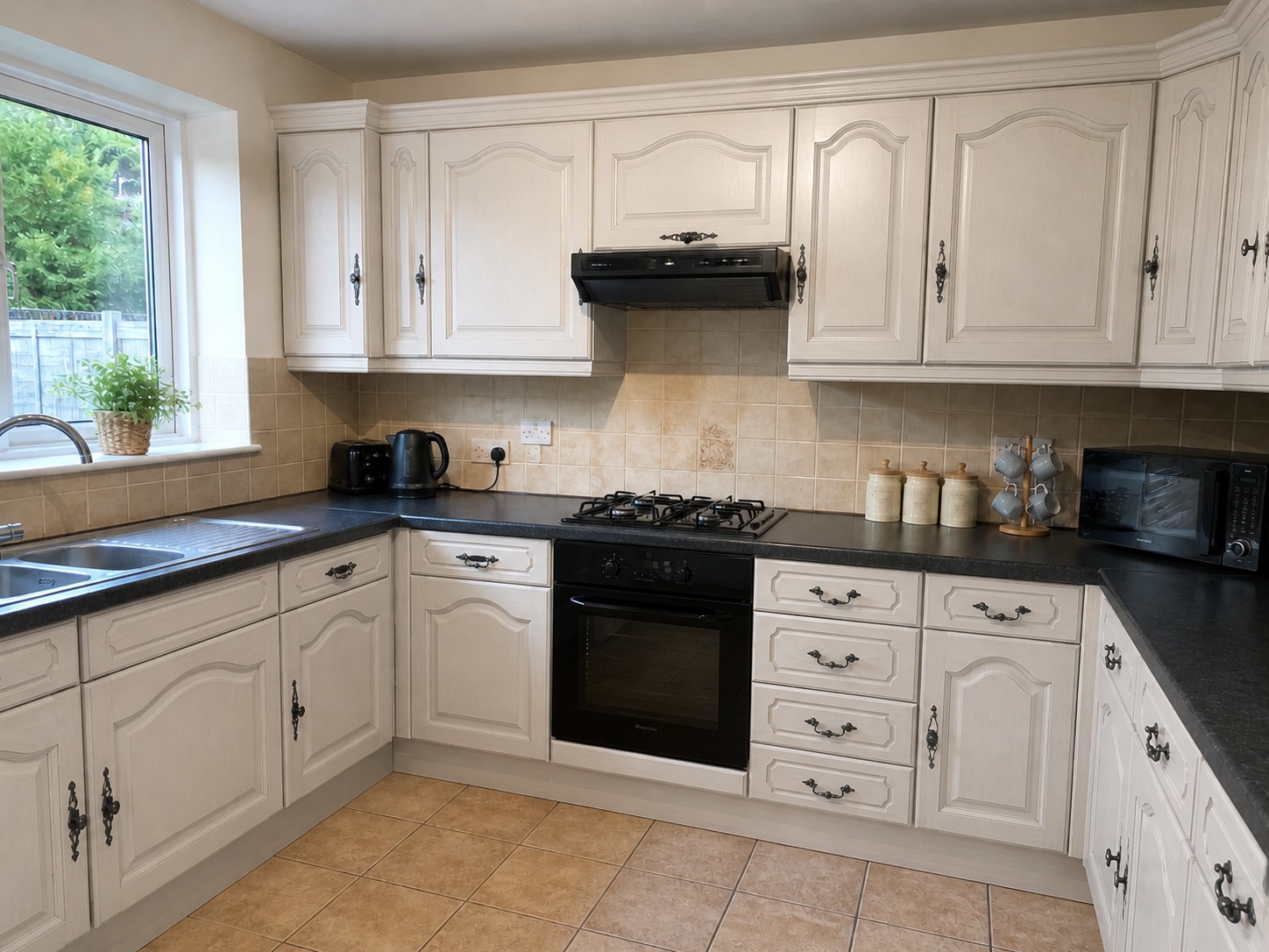 Illustrative AI mock-up — same oak kitchen visualised in light grey after respray, included inside a TailoredQuote PDF