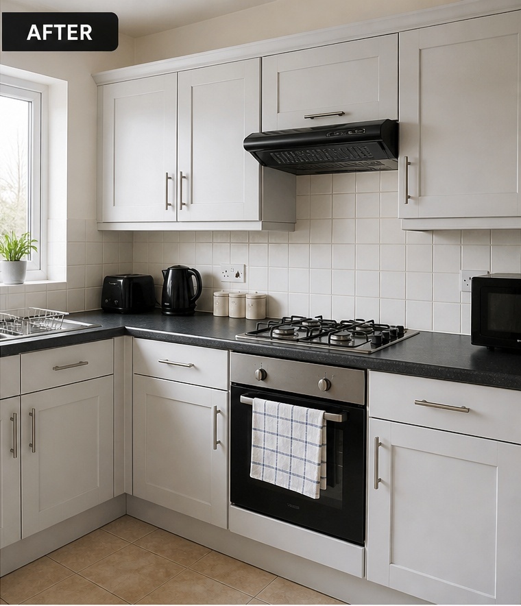 Illustrative AI visual mock-up of the same traditional kitchen finished in a neutral painted colour