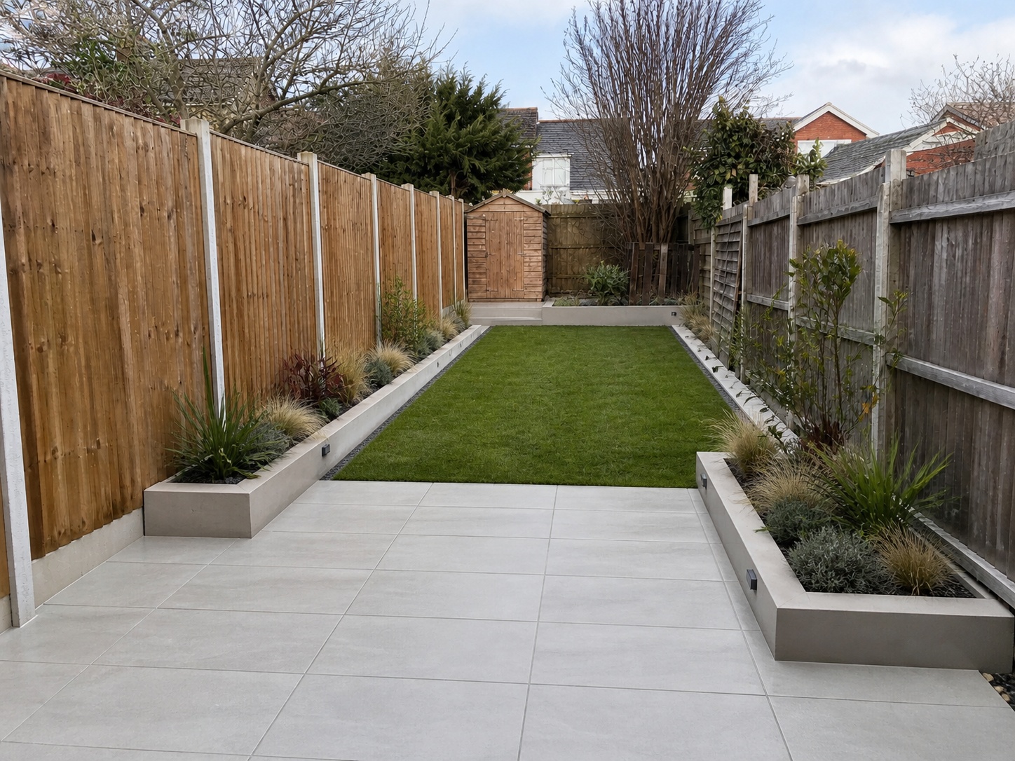 Illustrative AI visual mock-up of the same garden with fresh lawn, defined seating area and planted borders