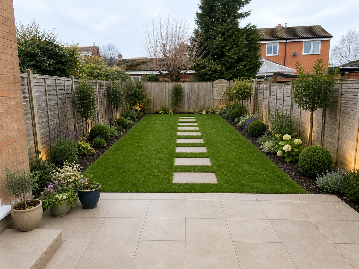 Untidy narrow back garden before landscaping, used as the before image in an AI garden mock-up