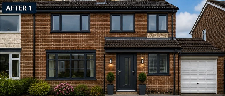 Illustrative AI mock-up of the same house with anthracite windows and composite door