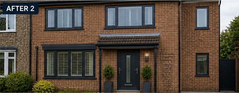 Illustrative AI mock-up of the same house with anthracite windows and composite door