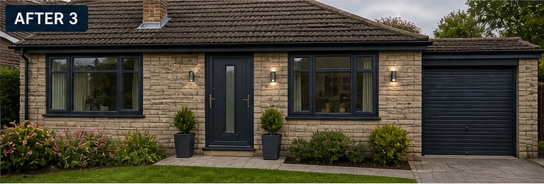 House front with white uPVC windows and door before replacement, used as the before image in an AI mock-up
